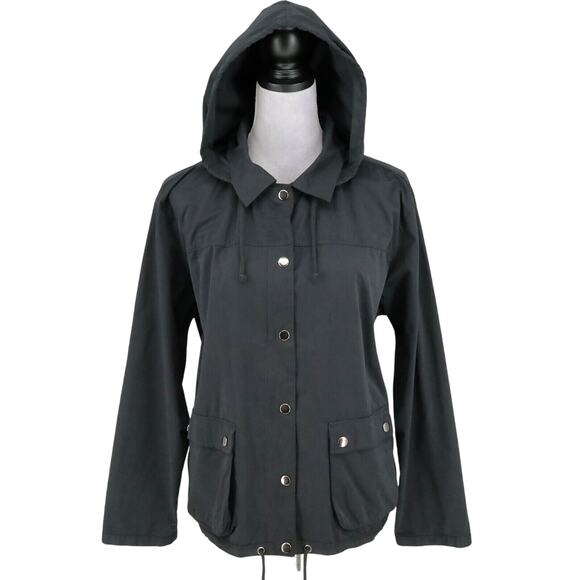 Chicos Jacket 3 Womens XL Black Full Zip Snaps Removable Hood Pockets Drawstring - Picture 1 of 16
